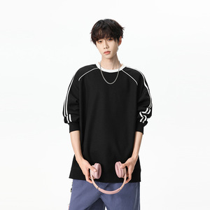 <span class=keywords><strong>Felpa</strong></span> da Uomo Stile Americano a Righe con Collo Rotondo e Maniche Raglan, Primaverile, in Misto Poliestere e Cotone, Antipiega, Casual e Comoda - Product Image 1