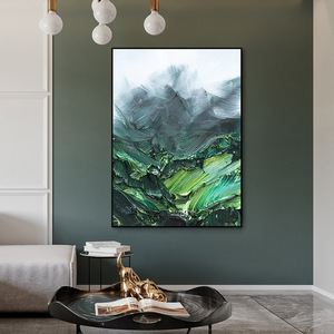 Pintura al óleo pintada a mano, paisaje verde, arte de montaña, marco de metal, arte decorativo de pared para sala de estar, fondo de sofá - Product Image 4