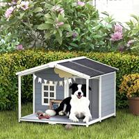 Nichoir moderne pour chien en bois de sapin massif, style cabane extérieure, abri pour animaux avec porche, base surélevée, toit en bois, taille moyenne pour chiens