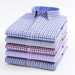 Mens Striped Plaid Oxford Spinning Casual Long Sleeve Shirt Comfortable Breathable Collar Button Design Slim Male Business Dress