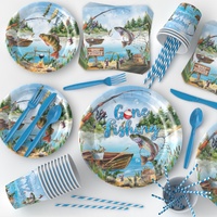 Assiettes et serviettes à thème pêche, fournitures pour fêtes, décorations pour fête d'anniversaire sur le thème de la pêche