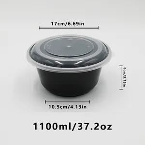 Listo para enviar 37 OZ Plástico redondo negro PP Tazón apto para microondas con tapa Tazón de plástico desechable de 1100ml Recipiente para alimentos