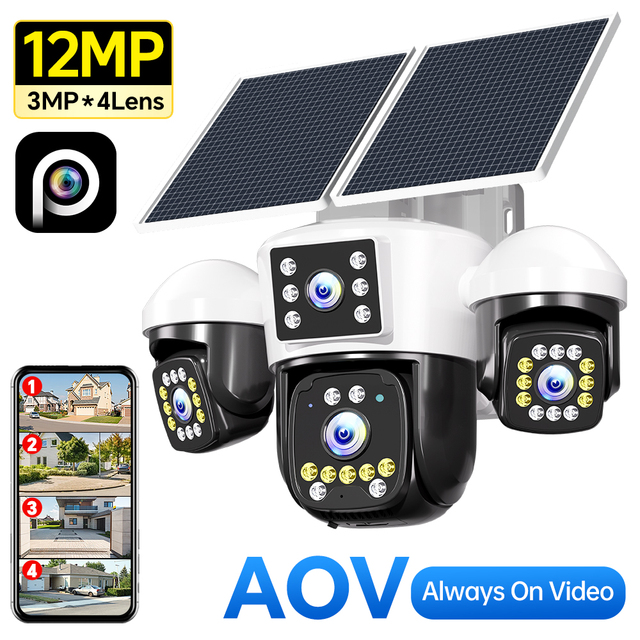 12MP Hieasy Solar Powered Wireless 4G WiFi Camera PTZ Camera 4K Outdoor Security 4G Sim Card Solar CCTV Camera