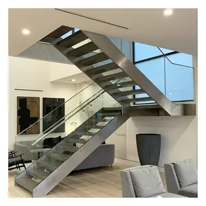 室内现代木质台阶直筒钢木楼梯扶手设计铸铁玻璃栏杆楼梯