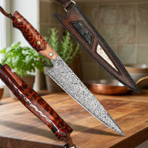 Couteau de chef en acier Damas, lame de 12 pouces, style japonais, manche en bois avec étui en cuir, pour droitier, motif forgé - Product Image 4
