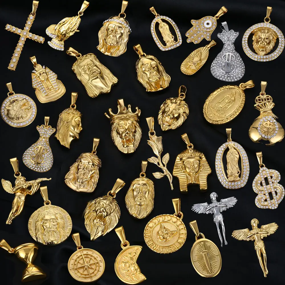 Hot Men Pvd Gold Custom Logo Pendant Jewelry Stainless Steel Waterproof Compass Medusa Lion Coin Religious Jesus Piece Pendant