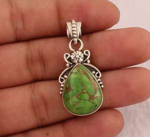 Solide 925 Sterling Silver Boho Floral Teardrop Pendentif Fait À La Main Femmes Vert Cuivre Turquoise Collier Rhodium Fine Pendentifs - Product Image 1