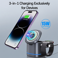 Chargeur sans fil magnétique 3 en 1 15W avec support inclinable rotatif, 2.5W pour montre, 3W pour écouteurs, lumière LED pour téléphone, bureau, chevet, maison