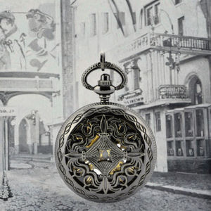 Montre de poche mécanique <span class=keywords><strong>en</strong></span> laiton antique creux à <span class=keywords><strong>six</strong></span> feuilles demi-chasseur avec cadran à chiffres romains à affichage squelettique - Product Image 3