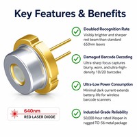 Diode laser rouge 640 nm TO-56 à émission latérale, qualité industrielle, 5-50 mW, pour scanners de codes-barres et automatisation de la vision industrielle