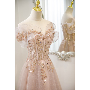 Nuovo <span class=keywords><strong>Abito</strong></span> Estivo di Lusso Leggero con Spalle Scoperte, <span class=keywords><strong>Paillettes</strong></span> e Raso a Fantasia Naturale, Lunghezza al Pavimento, Taglio ad A con Strass - Product Image 2