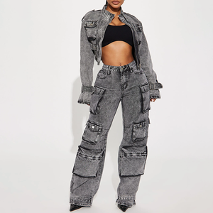 Ensemble deux pièces streetwear pour <span class=keywords><strong>femme</strong></span> : veste en jean délavé et pantalon <span class=keywords><strong>cargo</strong></span>, survêtement délavé à l'acide - Product Image 4