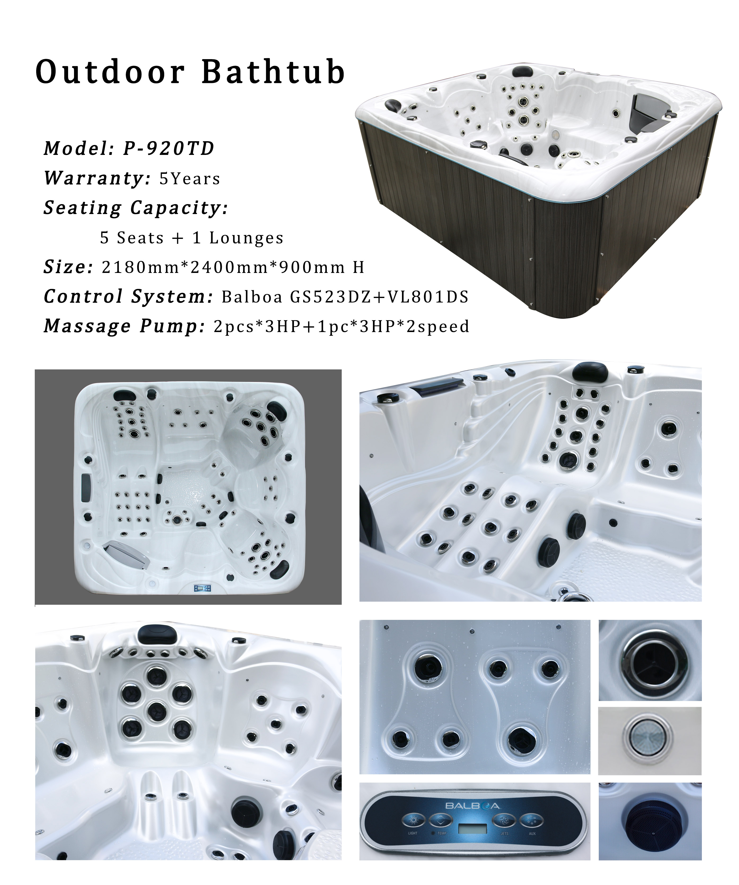 Extra Large Acrylic 6 People Spa Hot Tub Whirlpools Bathtub With 93 Jets