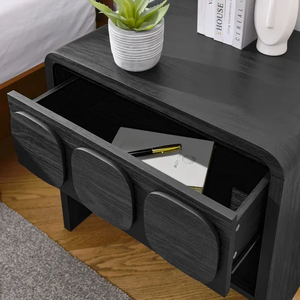 Modern Black Curved Edge Wooden <strong>Bedside</strong> <strong>Table</strong> with Single <strong>Circular</strong> Pattern Design Drawer and Open Shelves Nightstand for Bedroom - Product Image 3