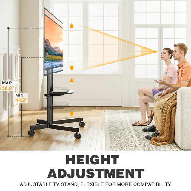 Mobile Steel TV Floor Stand Cart Shelf Height Adjustable Rolling Mount for 23-55 Inch TVs 88 Lbs Load Capacity 400x400mm VESA