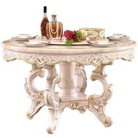 Ensemble table et chaises de salle à manger de style européen, luxe américain, plateau tournant en marbre à bordure dorée, bois massif sculpté