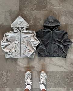 Felpa con Cappuccio e Zip in Cotone French Terry Nero e Grigio di Alta Qualità, Logo Personalizzato, Cuciture Revisionate, Oversize con Strass per Uomo - Product Image 1