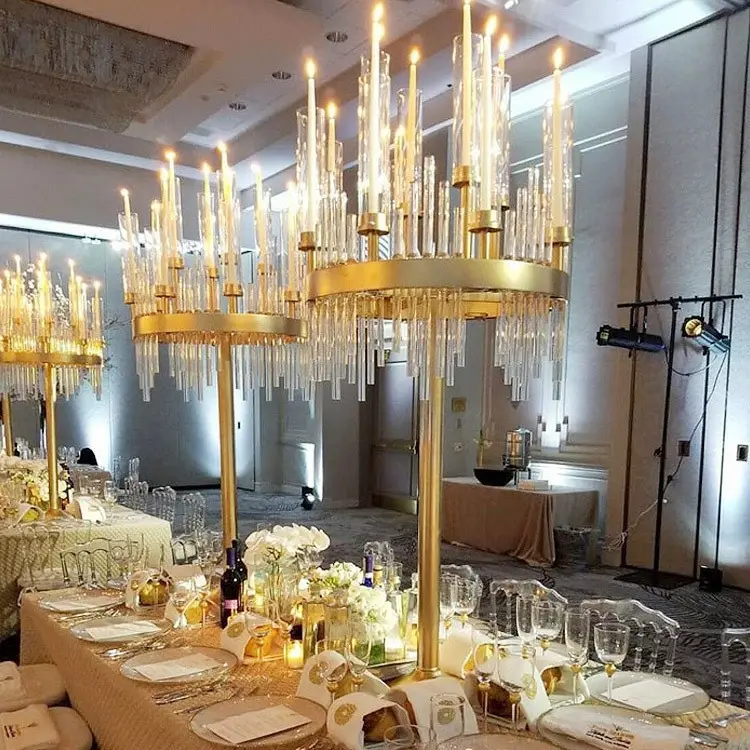 Gorgeous Golden 9 Heads Wedding Metal And Crystal Candelabra Centerpiece For Tables