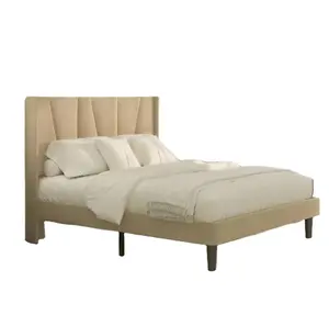 bedroom furniture skin-friendly linen fabric up-holstered simple geometric wing back style Upholstered Double Full Bed
