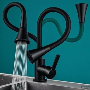 Kitchen Faucet Black Brass Pull Out <b>Spray</b> Deck <b>Mounted</b> Contemporary Design Ceramic Valve Core - Product Image 1
