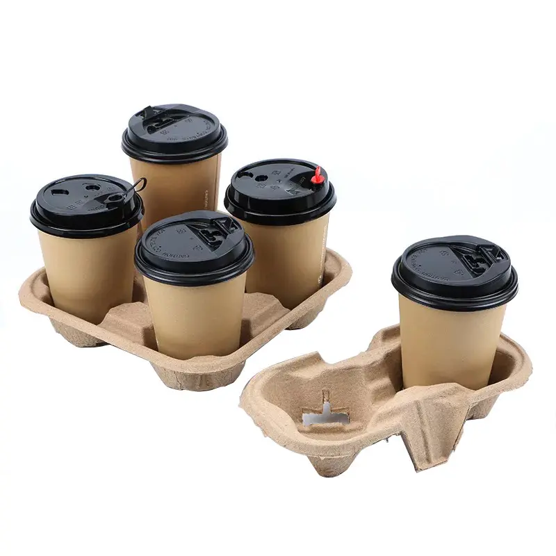 Disposable Pulp Milk Tea Packed Takeaway Coffee Tray Degradable Two Cups Four Cup Holder