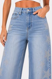 Jean en denim taille haute à jambe large avec broderie étoile, coupe ample, longueur intégrale, en coton délavé, style décontracté - Product Image 5