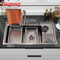 Évier de cuisine multifonctionnel personnalisé en acier inoxydable SS304 fait main, à poser, à cuve unique, à deux trous, 100*53cm, avec poubelle intégrée