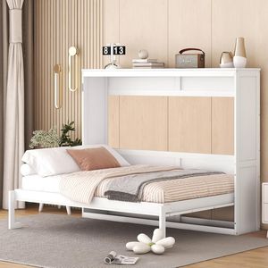 <span class=keywords><strong>Lit</strong></span> mural pliant de style nordique moderne, taille Queen, blanc, pour chambres d'hôtel, petits appartements, en bois et métal - Product Image 1
