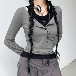 Camiseta de manga larga acanalada para mujer, camiseta con botones en la parte delantera y hombros descubiertos, estilo coreano para uso diario - Product Image 3