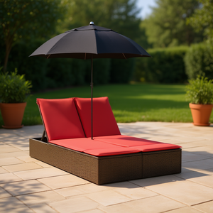 Tumbona Doble Marrón de Poliratán con Cojines y Sombrilla, Muebles de Patio para Exteriores, Diseño Moderno - Product Image 2