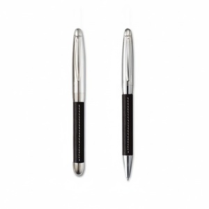 Black Leather Wrapped Rollerball Ballpoint <b>Pen</b> Set with <b>White</b> Stitching Polished Silver-Tone Metal Trim for Custom Logo Executi - Product Image 3