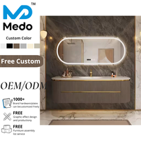 Meuble-lavabo flottant cannelé pour salle de bain d'hôtel avec miroir LED intelligent, double vasque, étanche, option PVC, mobilier moderne