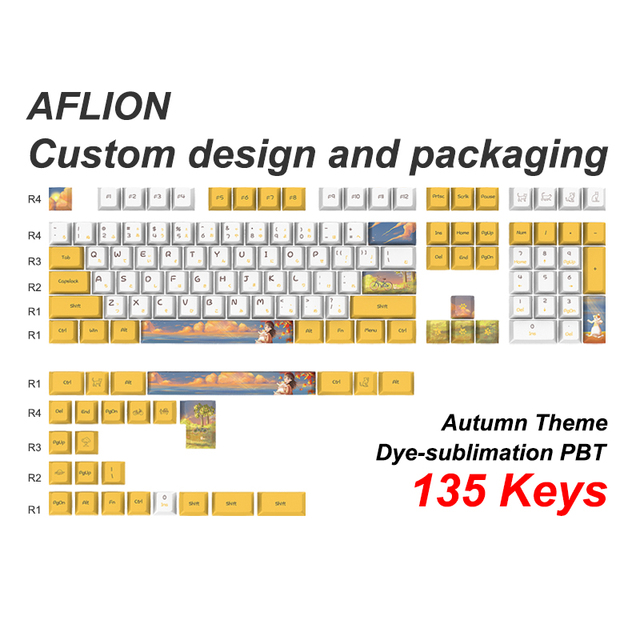 AFLION Manufacturers Custom Design Pbt Printing Autumn Arabic Japan Germany Spain Colorblock Keycap for 104 Mechanical Keyboard