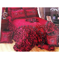 Parure de lit florale patchwork faite main, style victorien rétro glamour - Linge de lit en satin soyeux et tulle à volants, textiles de maison de luxe
