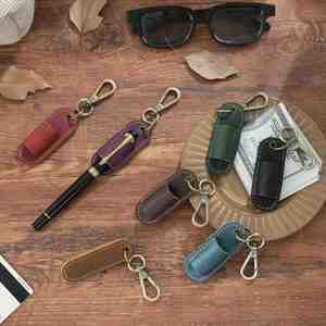 Étui à stylo portable en cuir véritable durable et porte-clés avec support pour un seul stylo pour cadeaux promotionnels - Style moderne - Product Image 4