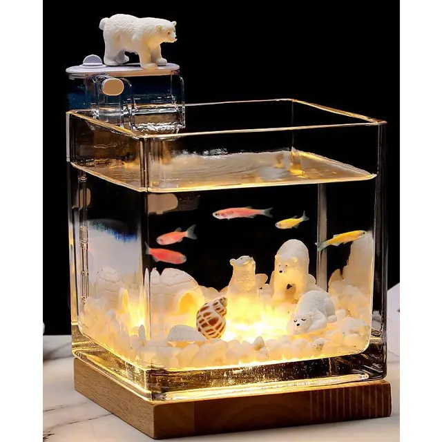 Fischsc halen Glas Small Tank Aquarium Mini Aquarien mit LED-Nachtlicht