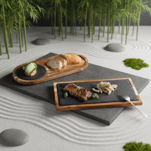 Plateau de service rectangulaire en bois d'acacia poli |   Support multifonctionnel gravé pour fruits et tasses à thé, design japonais écologique à bascule - Product Image 1