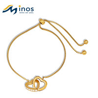 Bracelet coulissant unique à double anneau en forme de cœur entrelacé, réglable, en acier inoxydable avec breloque en zircon cubique, cadeau minimaliste et délicat pour femme