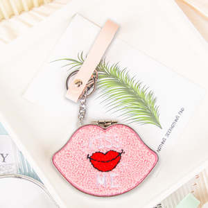Lip Shaped Plush Embroidered Compact Mirror Keychain PU Leather Strap Folding Double Sided <b>Pocket</b> Makeup Mirror Wholesale Custom - Product Image 5