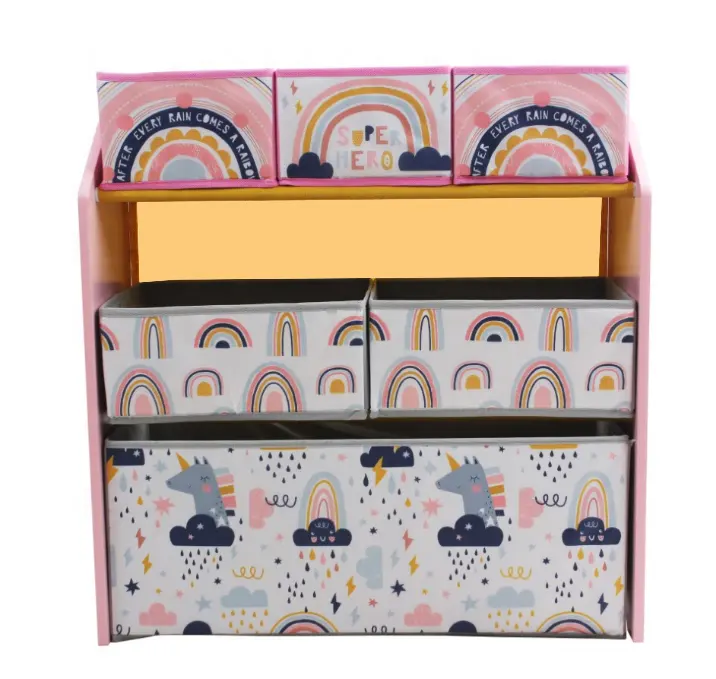 中国製木製子供用おもちゃ収納ボックス6格子生地収納ボックス女の子ピンク絵本棚
