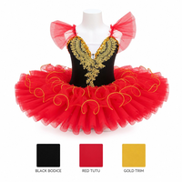 Robe de danse tutu rouge et noire à sequins, broderie dorée, corsage en V profond, jupe en tulle éclatante, costume de film/télévision