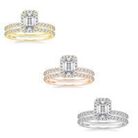 Ensemble de bagues assorties pour couple en zircon cubique taille émeraude 2 carats, argent sterling 925 plaqué or, halo, bijoux de promesse pour femmes