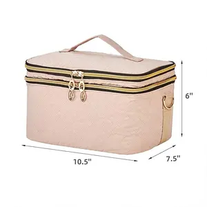 Pink Double Layer Travel Makeup Bag with Strap Large Cosmetic Case Organizer Fits Bottles Vertically
