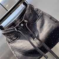 Mini-jupe en jean vintage grande taille pour femme, dégradé, ornée de strass, taille haute, coupe ajustée trapèze