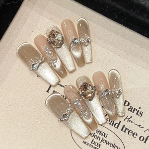 Vente en gros personnalisé style français <span class=keywords><strong>diamant</strong></span> oeil de chat long 10 pièces acrylique presse <span class=keywords><strong>sur</strong></span> les ongles de luxe réutilisable faux ongles - Product Image 4