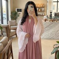 Robe longue musulmane R-760 plissée dégradée à manches évasées avec hijab assorti, Abaya modeste pour femme, Kaftan de Dubaï respirant et élégant, longueur cheville