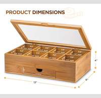 Boîte de rangement à thé en bambou naturel avec couvercle en verre et tiroir, organiseur de sachets de thé en bois à 8 compartiments pour comptoir de cuisine