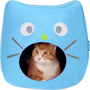 Lichtblauw Vilt Cubby Cat Face Versierde Dierenhuis Even Groot Kattenbed - Product Image 1
