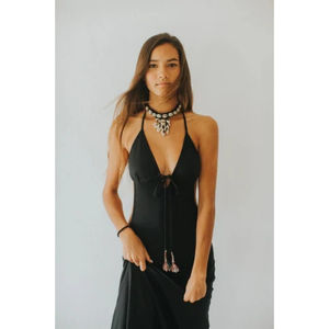 Robe longue dos nu 100% Coton Coupe décontractée évasée Sans manches Taille élastique Noir Prix de gros - Product Image 1