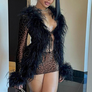 New Splicing <b>Tie</b> Cardigan Long Sleeve Top Leopard Print Half-body Skirt Women's 2 Piece <b>Set</b> Fashion - Product Image 3